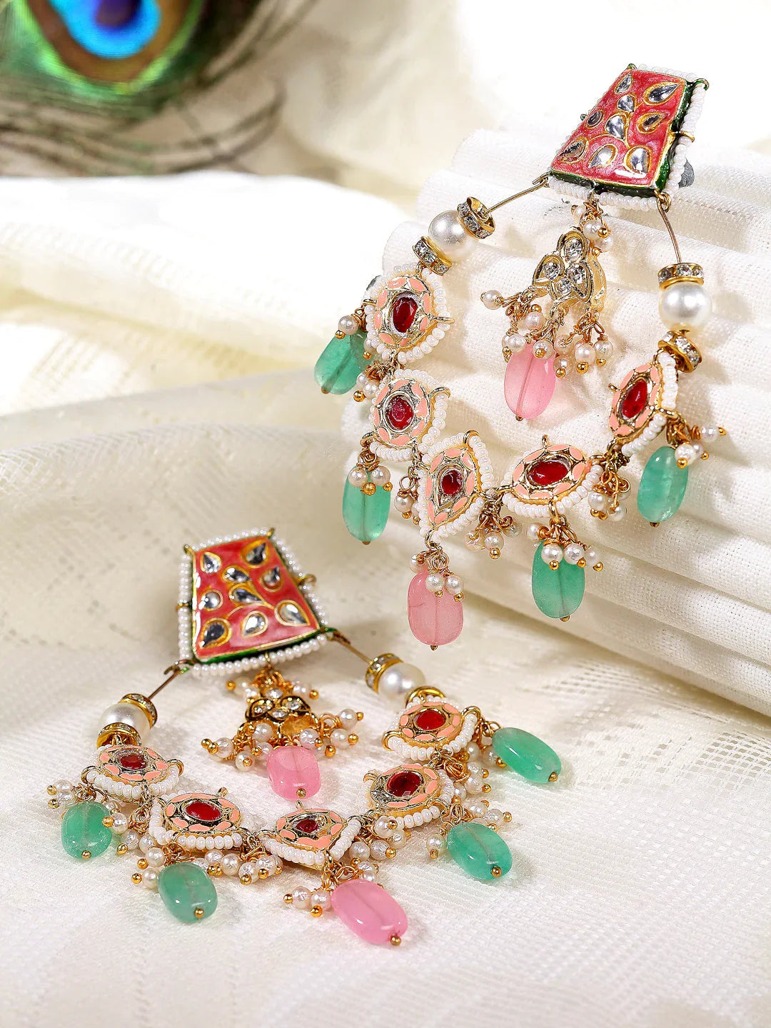 Red and White Meenakari Earring chandbala from Dugristyle Ruhaniyat By Dugran