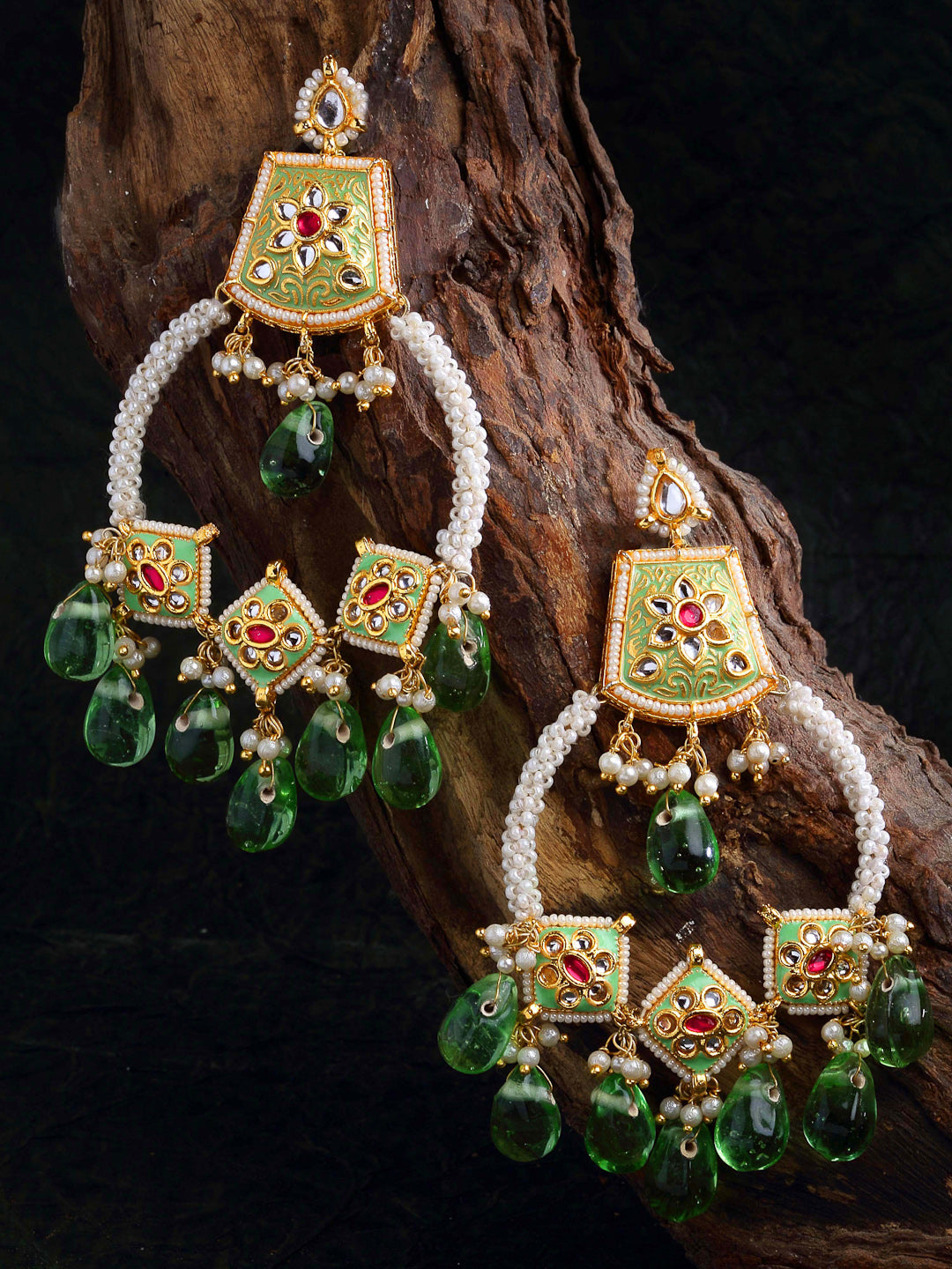 Green and Red Kundan Chand Bali Earring from Dugristyle Ruhaniyat By Dugran