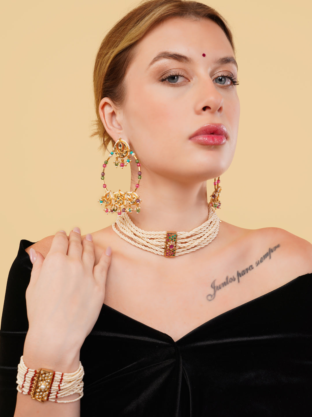 Red and Gold Kundan Earring in Chandbali style with small Latkans from Dugristyle Ruhaniyat By Dugran