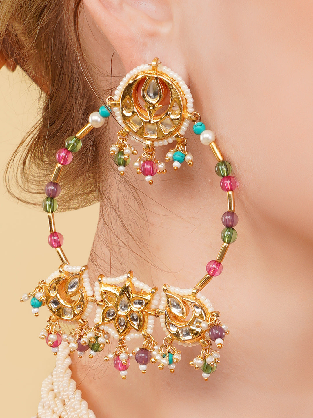 Red and Gold Kundan Earring in Chandbali style with small Latkans from Dugristyle Ruhaniyat By Dugran