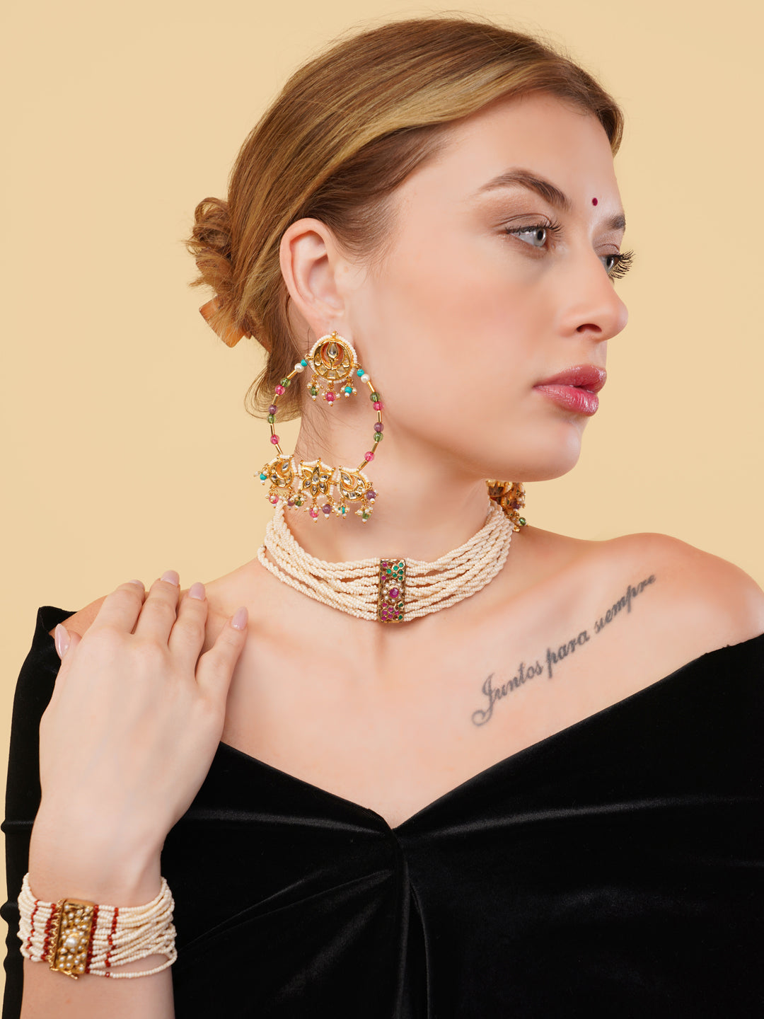 Red and Gold Kundan Earring in Chandbali style with small Latkans from Dugristyle Ruhaniyat By Dugran