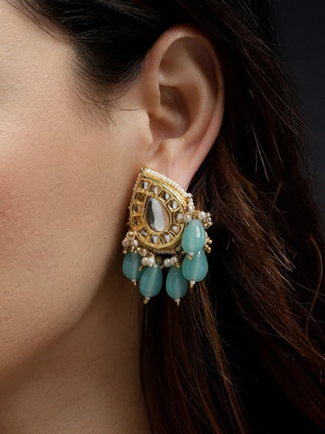 Blue and White Kundan Earring with Blue Drops from Dugristyle Ruhaniyat By Dugran