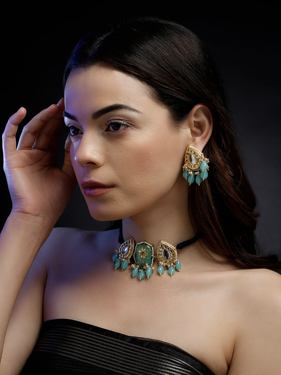 Blue and White Kundan Earring with Blue Drops from Dugristyle Ruhaniyat By Dugran