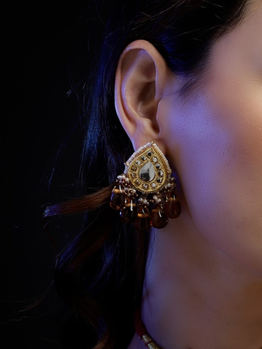 Orange and White Drop Kundan earring with Orange Drop Stones from Dugristyle Ruhaniyat By Dugran