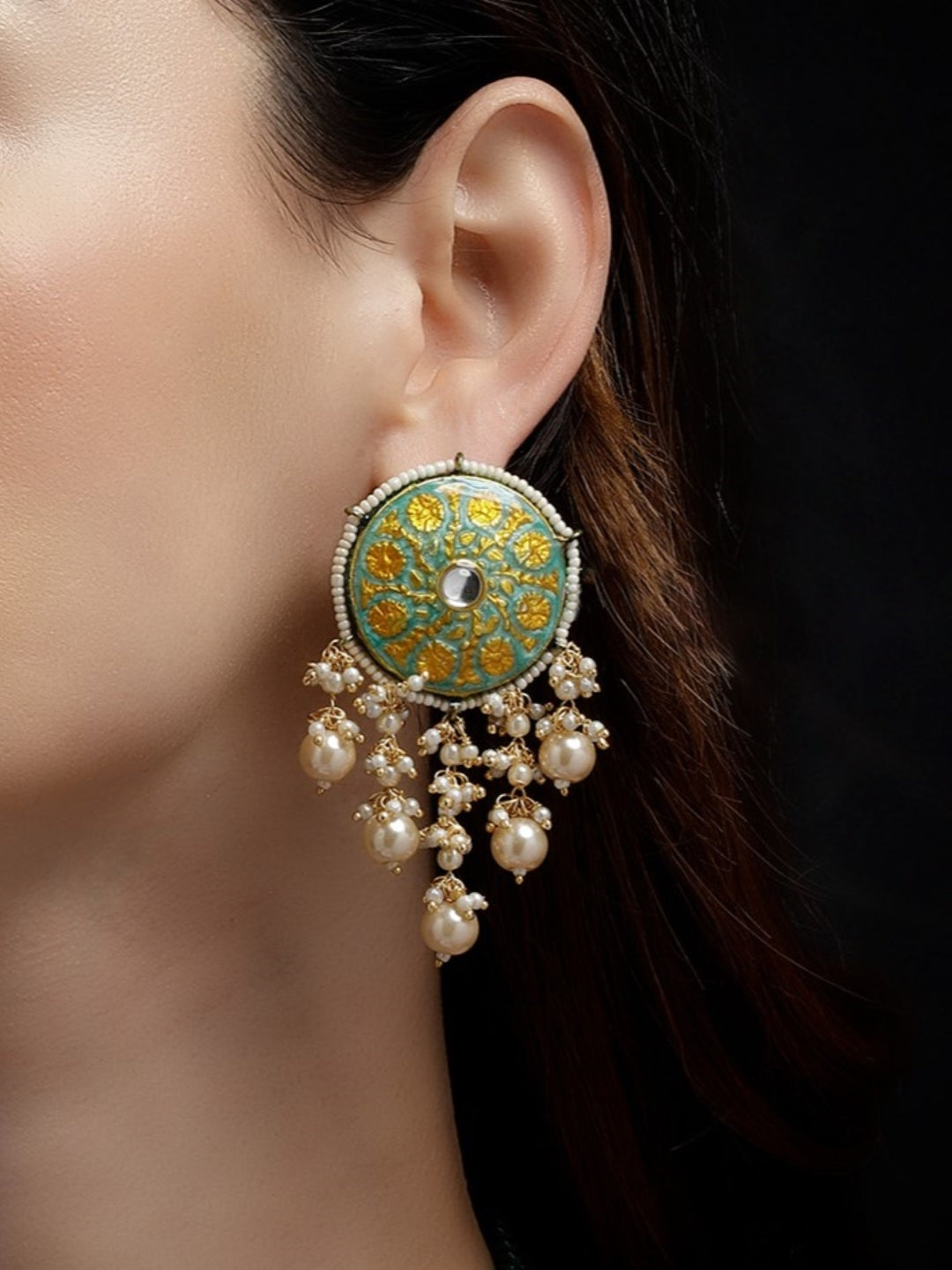 Green and Yellow Meenakari Earring wth Pearl Hangings from Dugristyle Ruhaniyat By Dugran