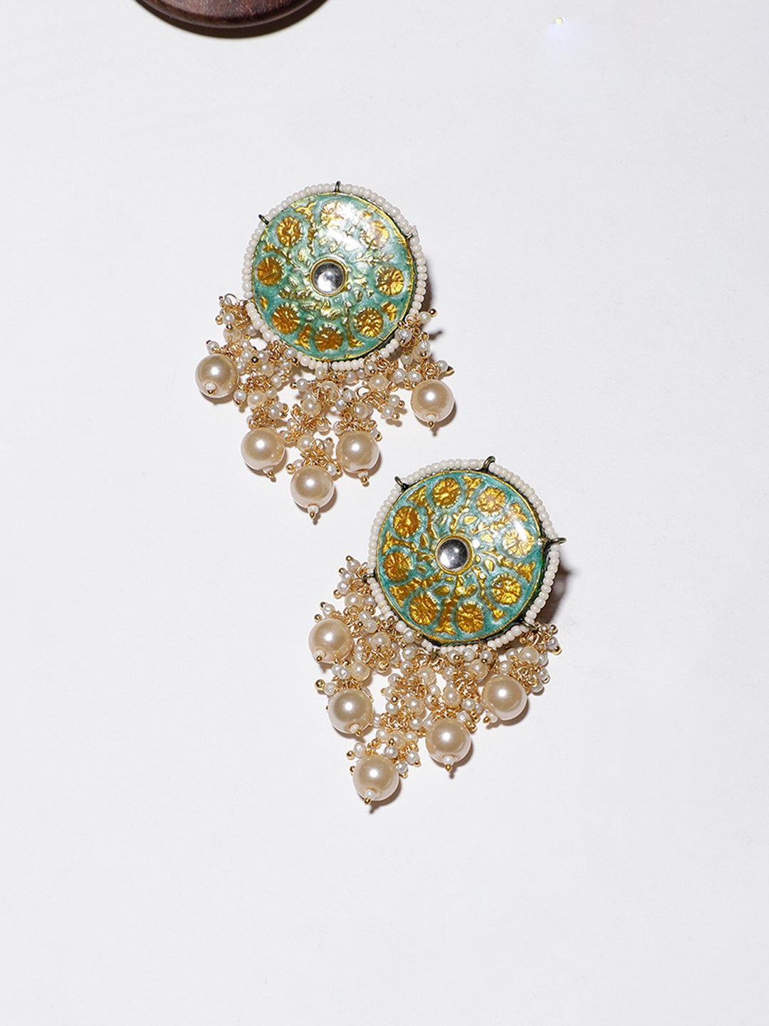 Green and Yellow Meenakari Earring wth Pearl Hangings from Dugristyle Ruhaniyat By Dugran