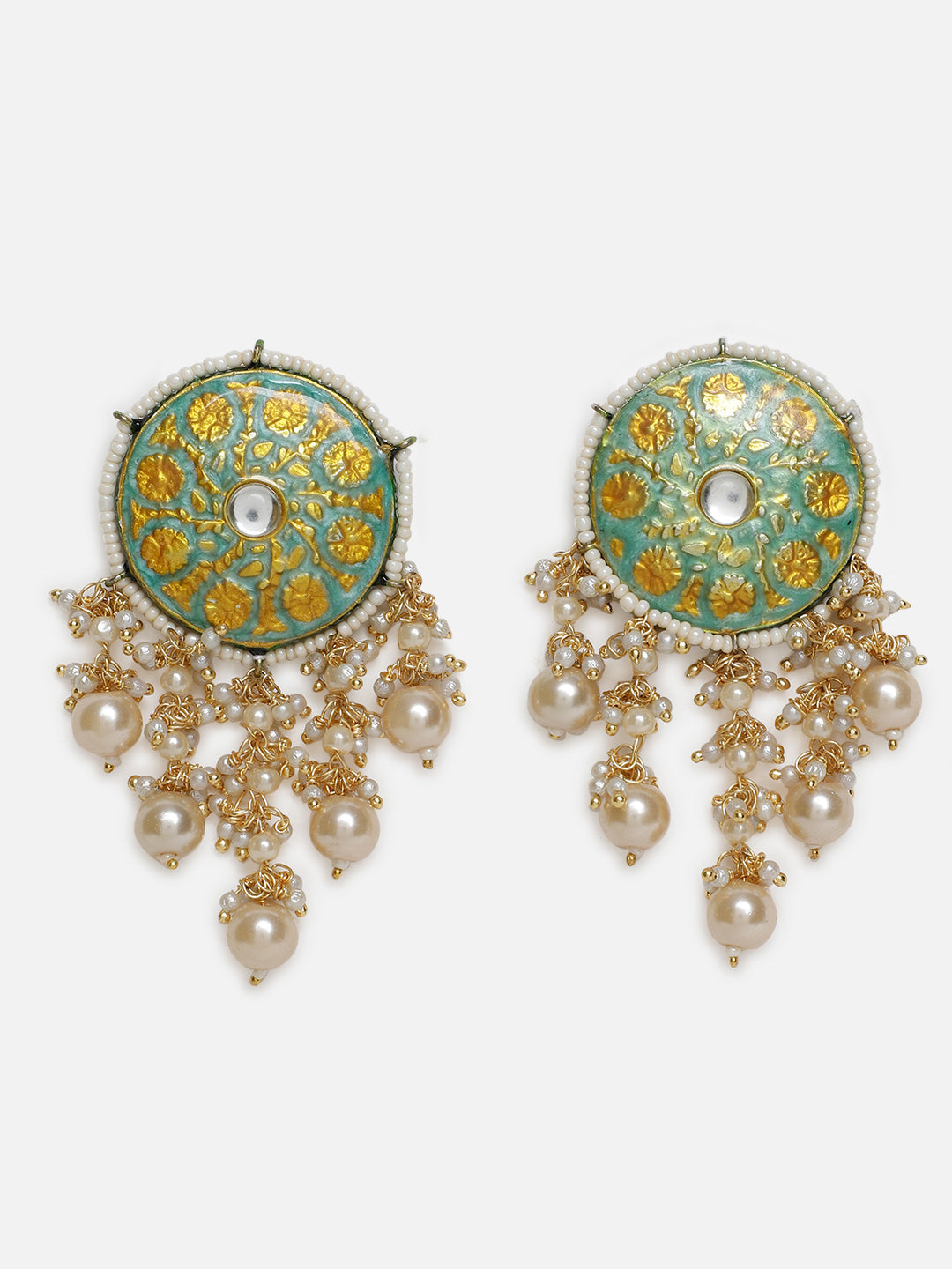 Green and Yellow Meenakari Earring wth Pearl Hangings from Dugristyle Ruhaniyat By Dugran