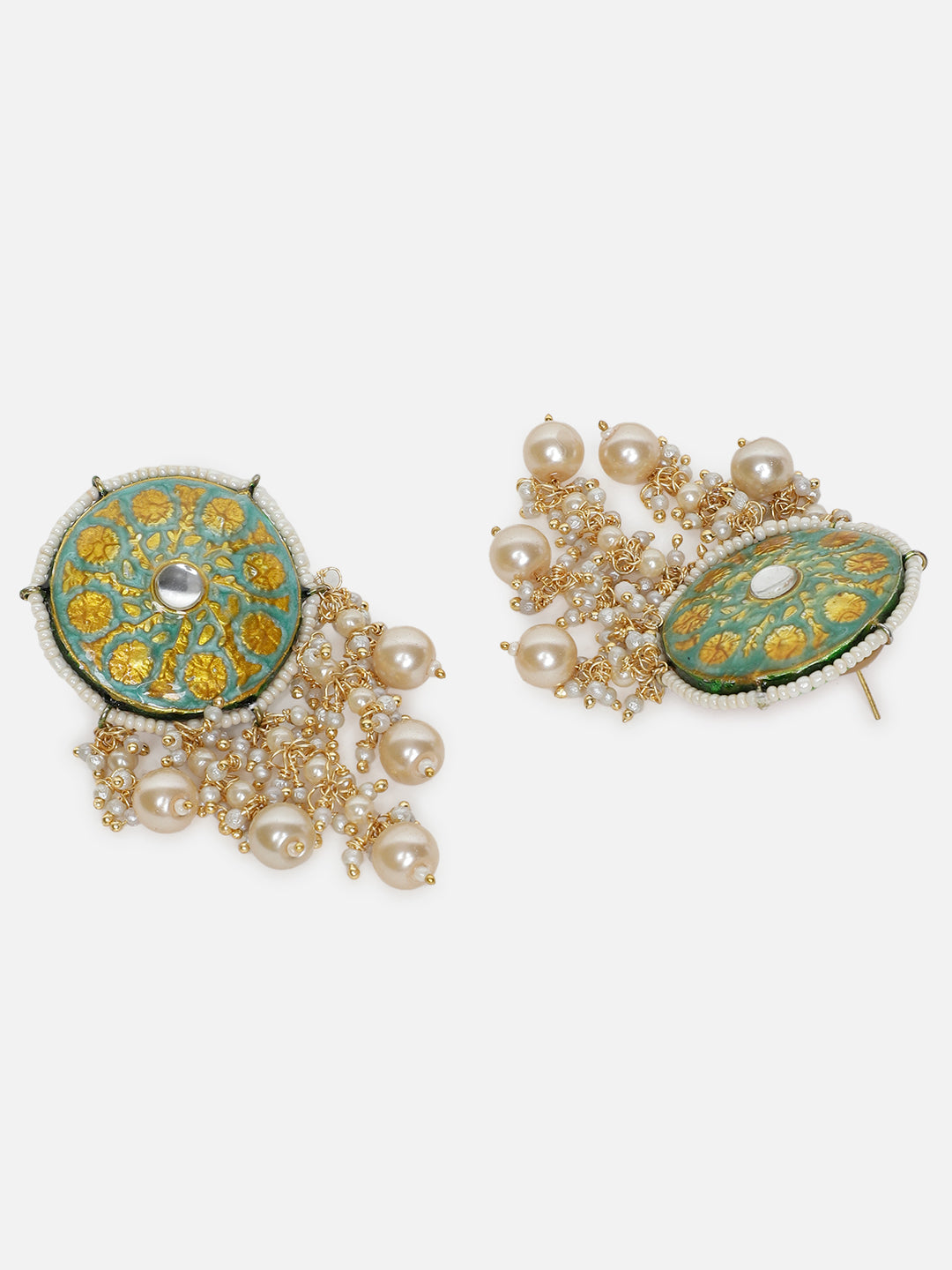 Green and Yellow Meenakari Earring wth Pearl Hangings from Dugristyle Ruhaniyat By Dugran
