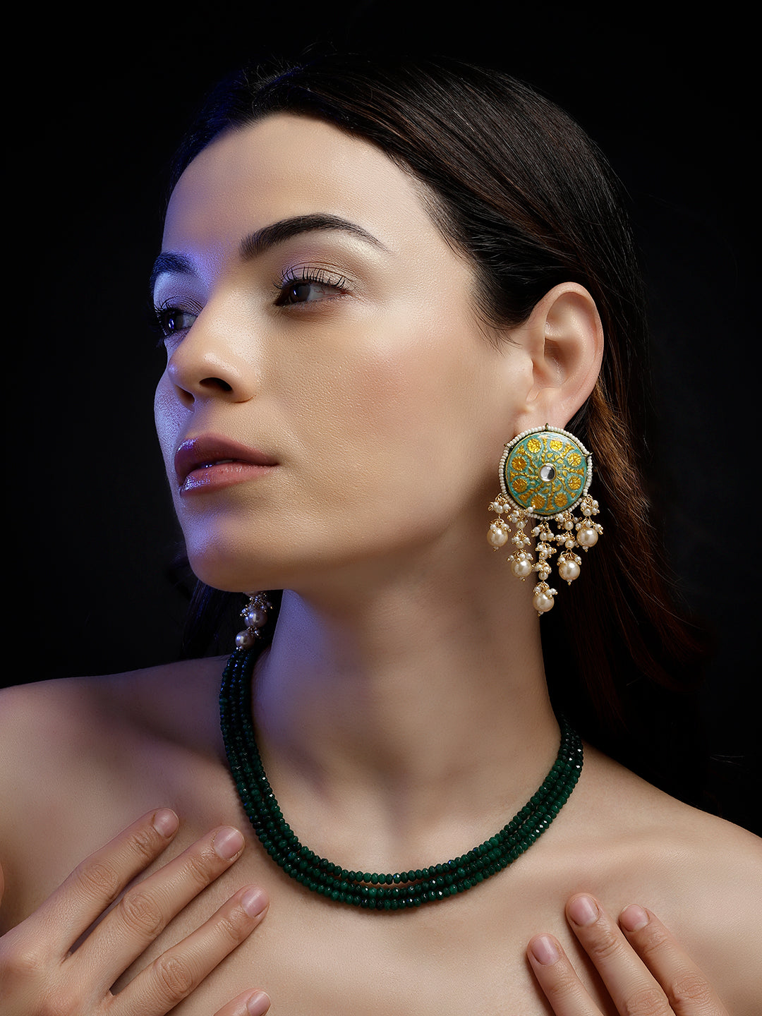 Green and Yellow Meenakari Earring wth Pearl Hangings from Dugristyle Ruhaniyat By Dugran