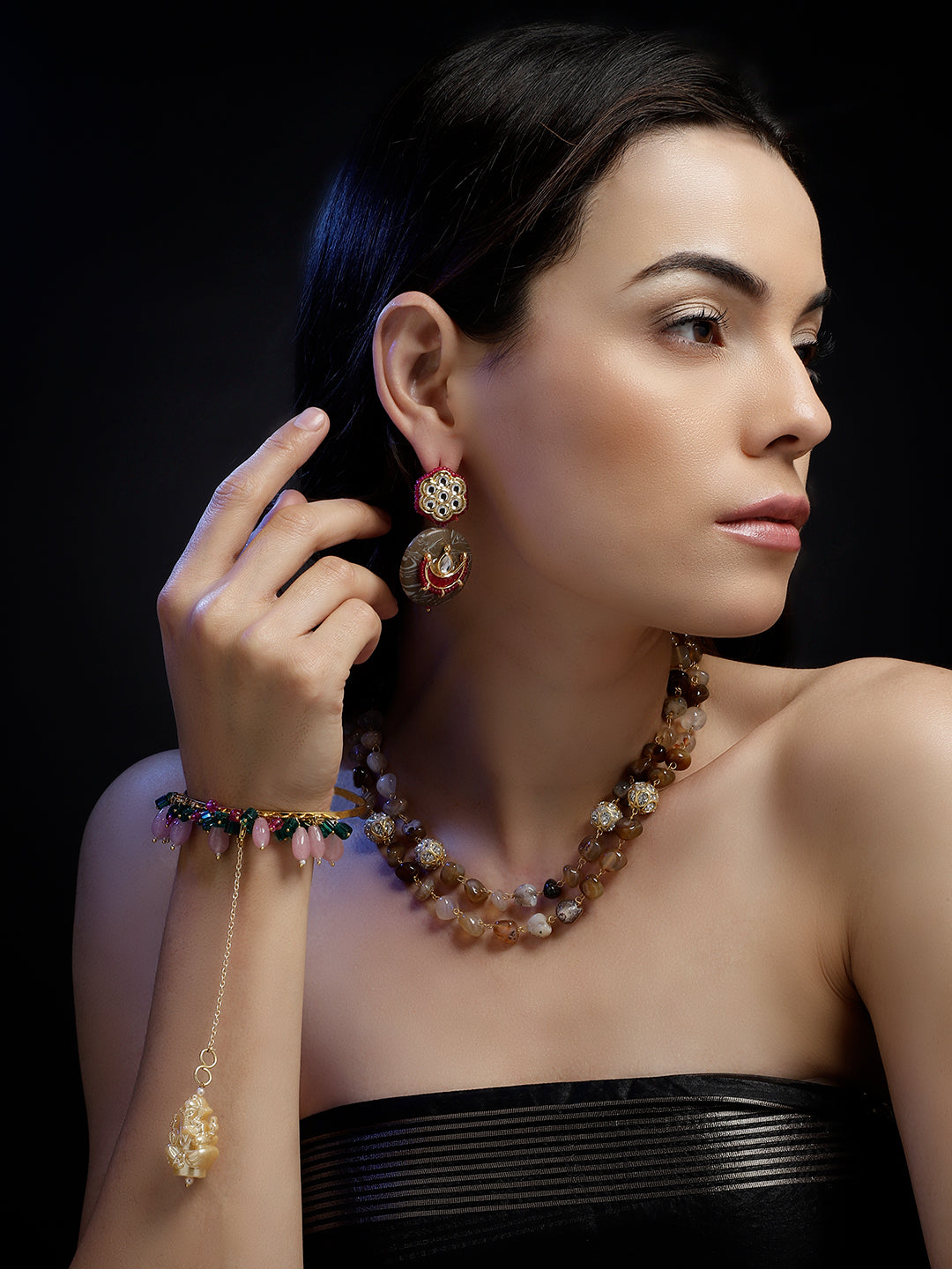 Brown and Pink Kundan Earring With Natural Stone from Dugristyle Ruhaniyat By Dugranc