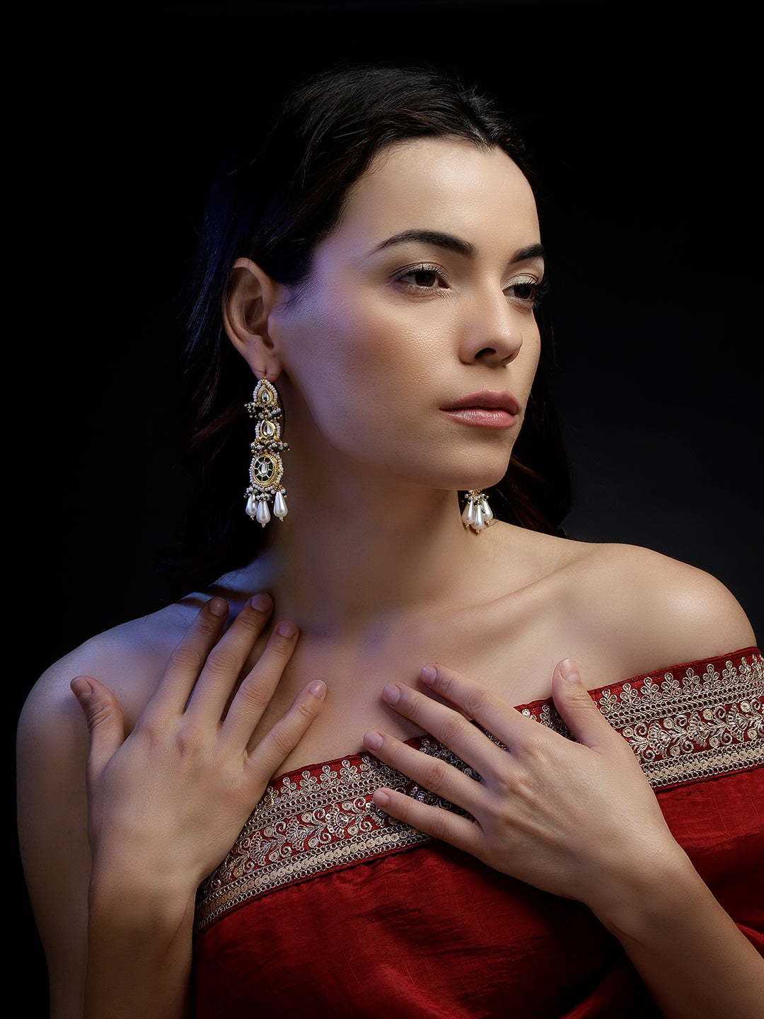 Green and White Kundan Earring with White Drops from Dugristyle Ruhaniyat By Dugran