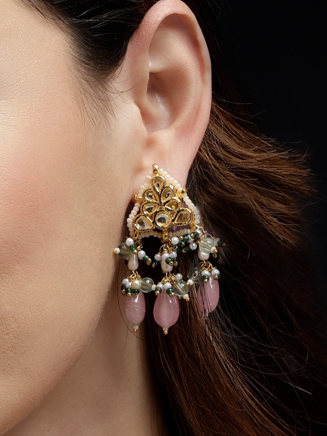 Pink and Green Kundan Earring with Pink Drops from Dugristyle Ruhaniyat By Dugran