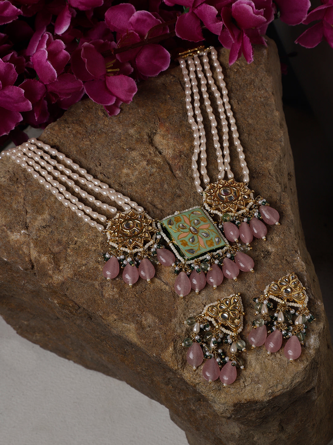 Pink and Green Kundan Earring with Pink Drops from Dugristyle Ruhaniyat By Dugran