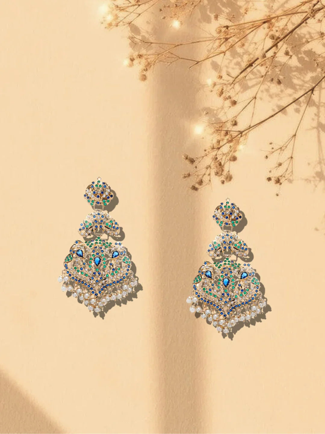 Blue and Green Peacock Inspired Colors in Jadau Design Earring from Dugristyle Ruhaniyat By Dugran