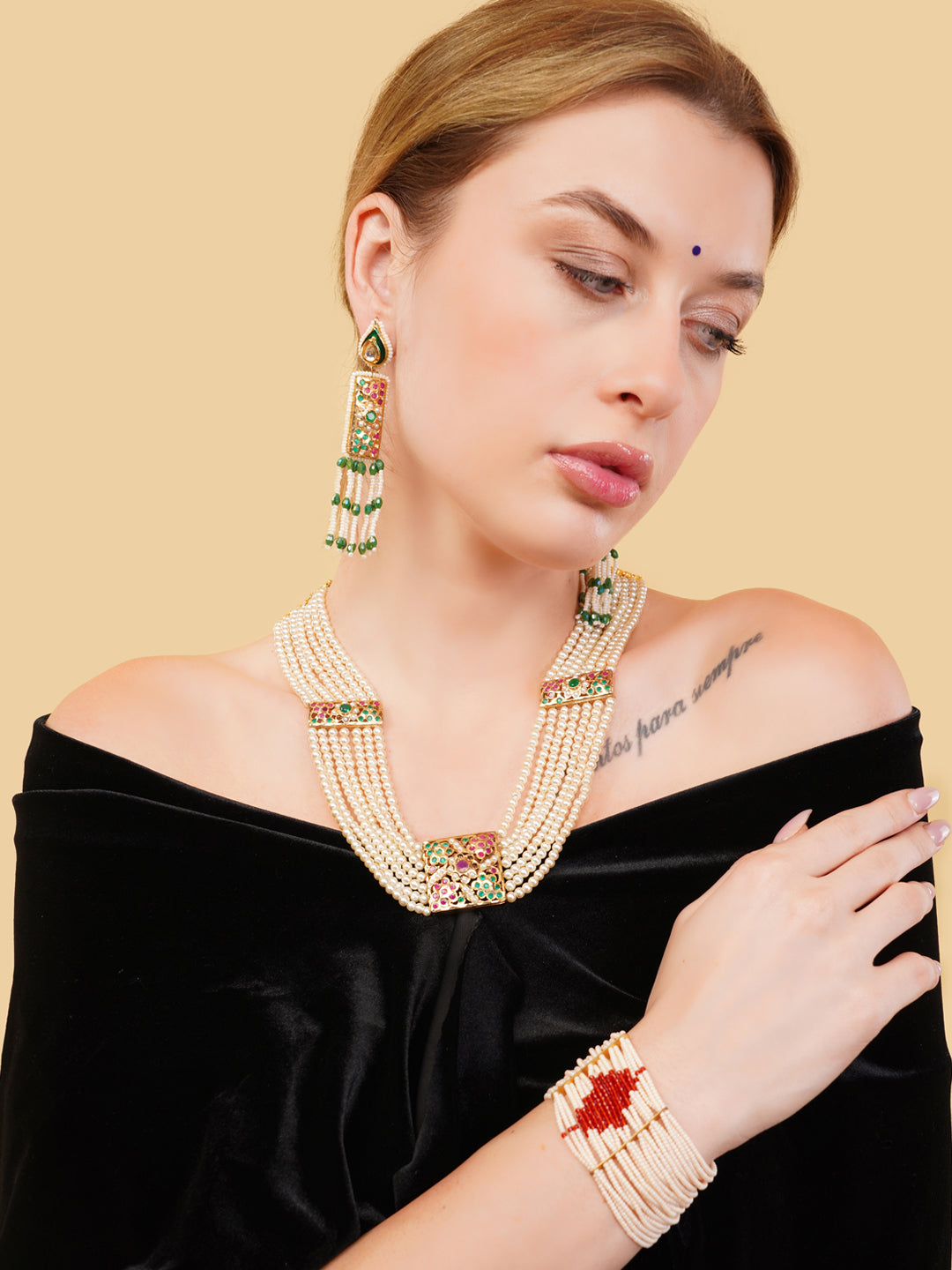 Green and Gold Jadau Earring with kundan drop shaped tikra and meenakari touch from Dugristyle Ruhaniyat By Dugran