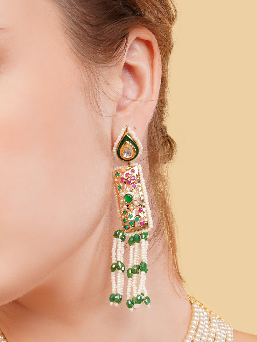 Green and Gold Jadau Earring with kundan drop shaped tikra and meenakari touch from Dugristyle Ruhaniyat By Dugran