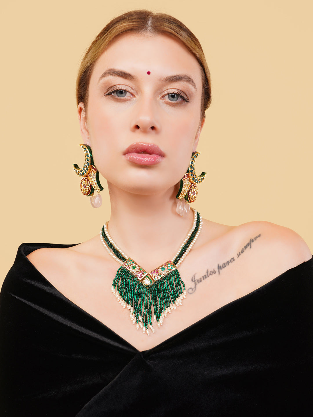 Green and Red Chand Shaped kundan earringwith natural stone work from Dugristyle Ruhaniyat By Dugran
