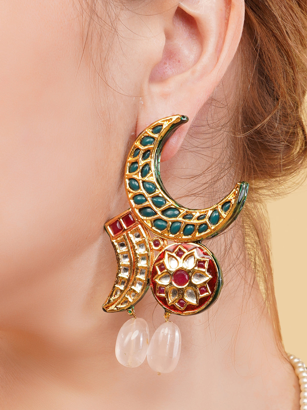 Green and Red Chand Shaped kundan earringwith natural stone work from Dugristyle Ruhaniyat By Dugran
