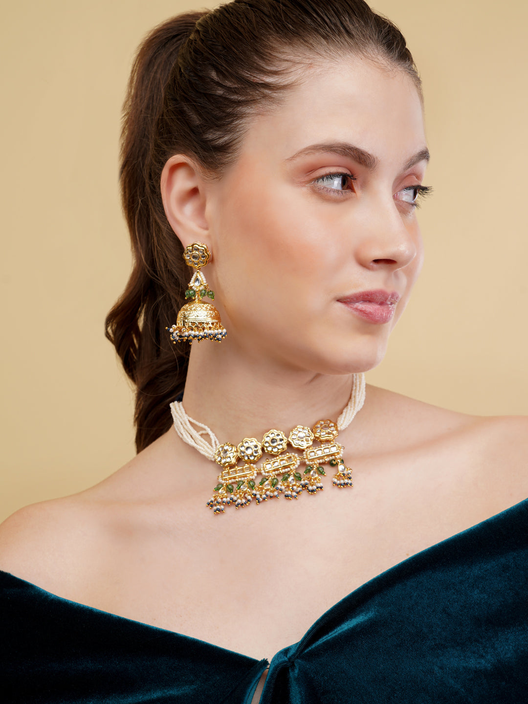Green and Gold Kundan tikra with brass designer jhumki from Dugristyle Ruhaniyat By Dugran