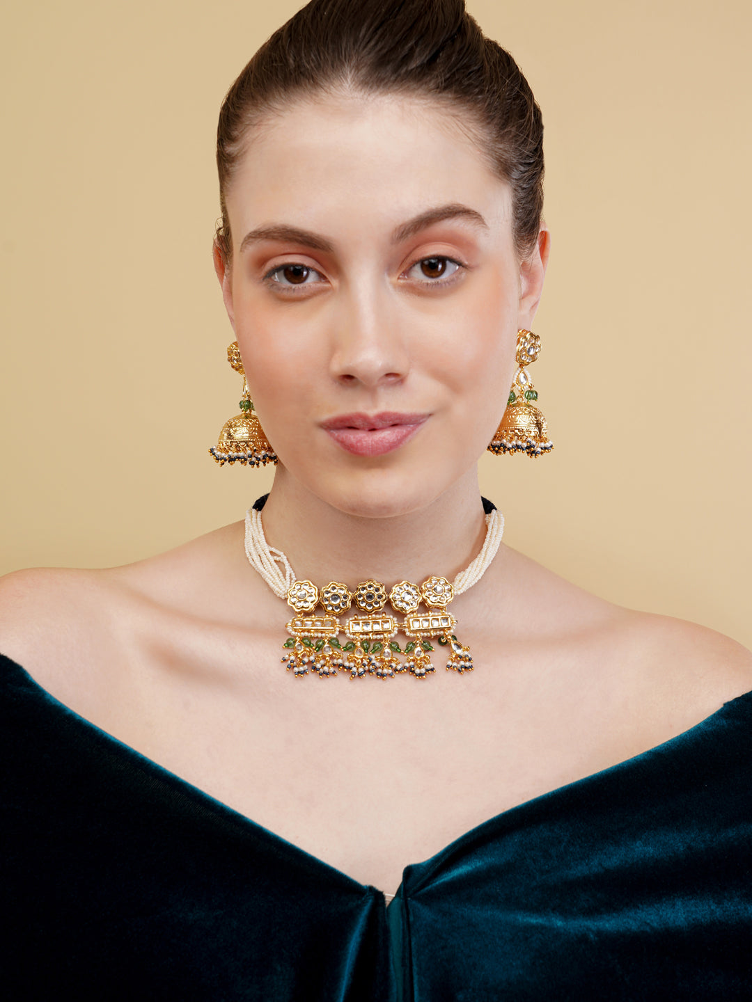 Green and Gold Kundan tikra with brass designer jhumki from Dugristyle Ruhaniyat By Dugran
