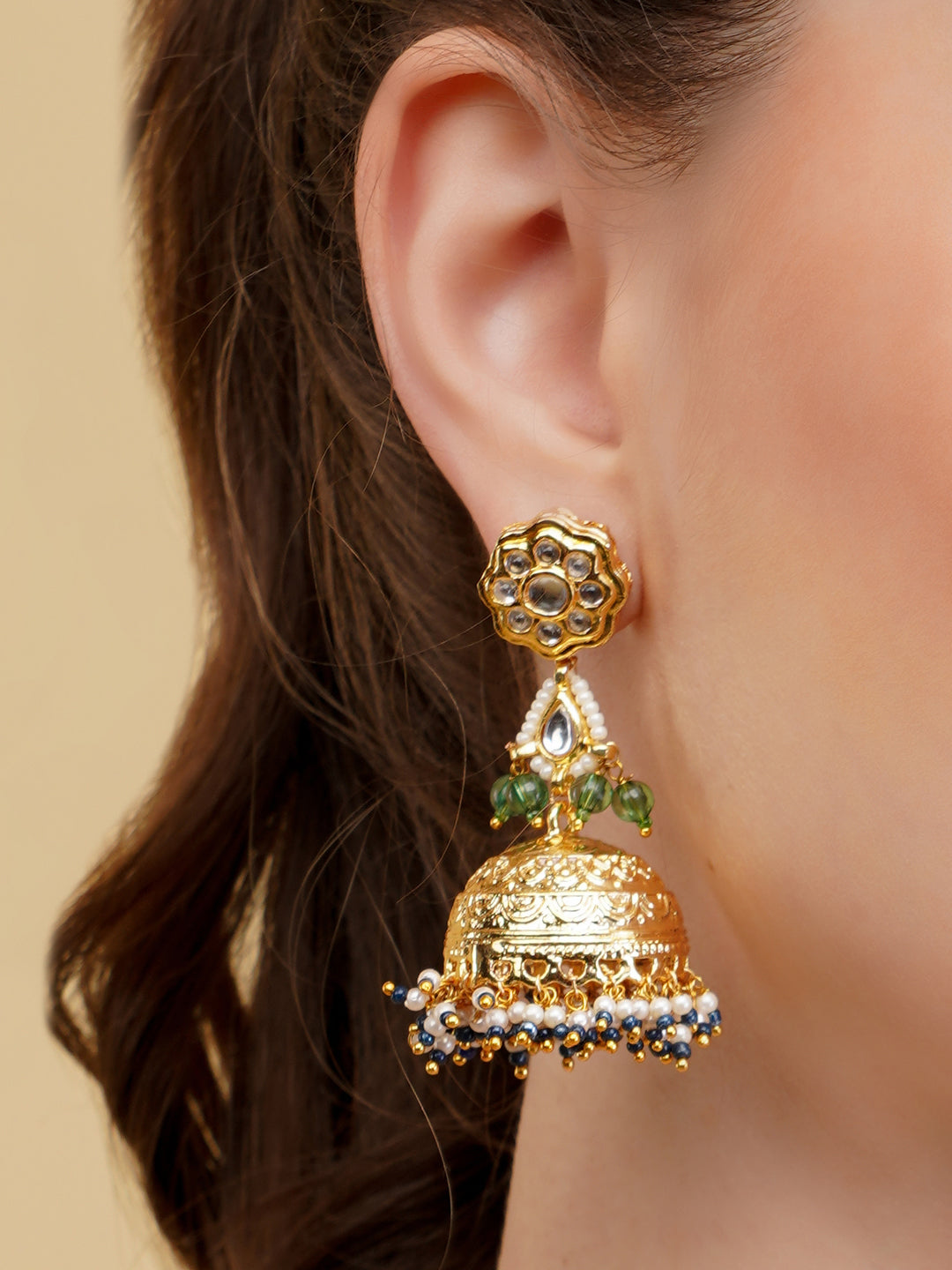 Green and Gold Kundan tikra with brass designer jhumki from Dugristyle Ruhaniyat By Dugran