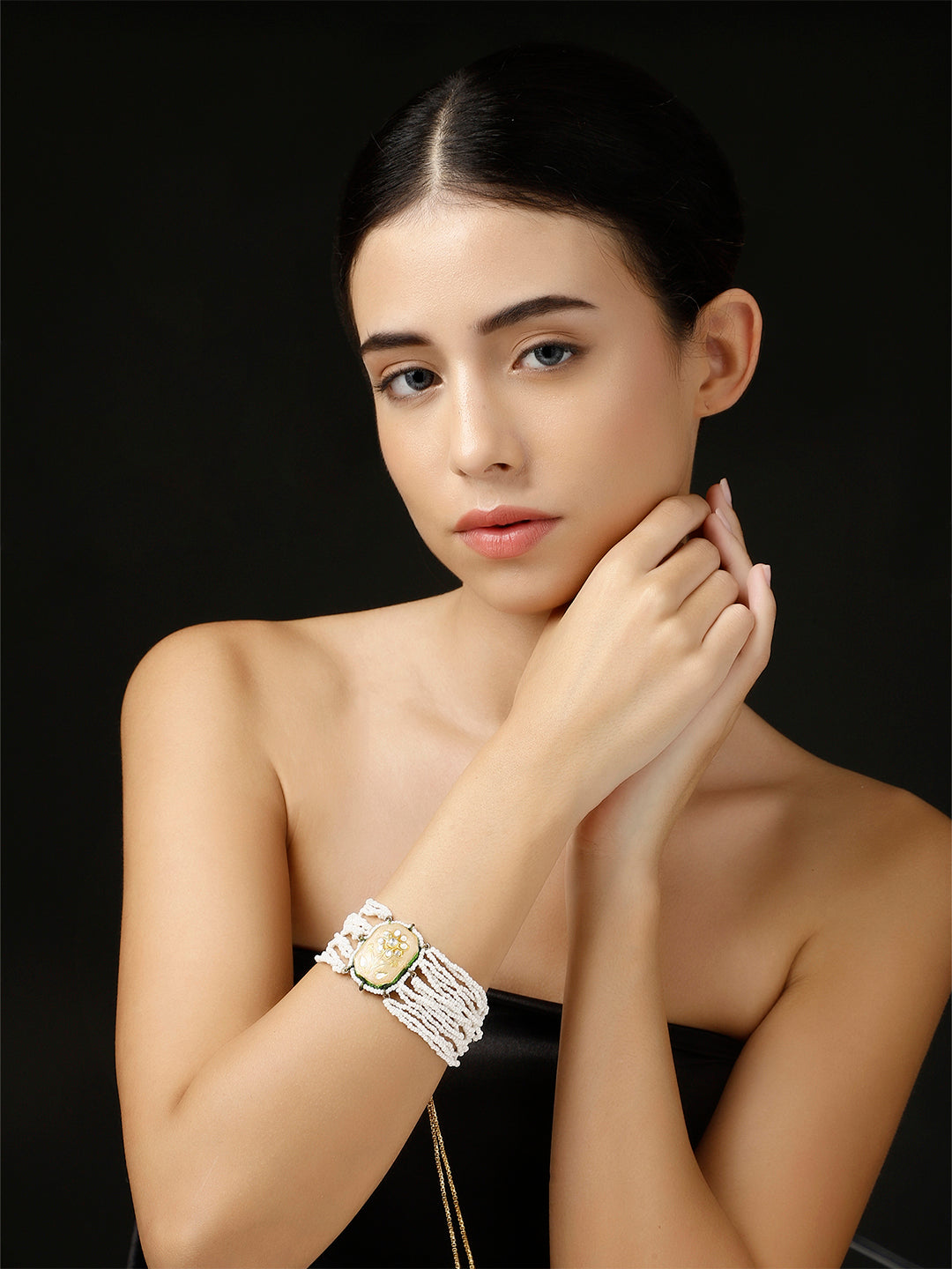 Peach and White Meenakari bracelet with Pearl Layers from Dugristyle Ruhaniyat By Dugran