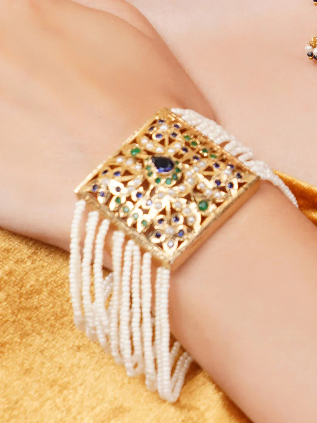 Blue and White Peacock inspired Jadau bracelet with Pearl Layers from Dugristyle Ruhaniyat By Dugran