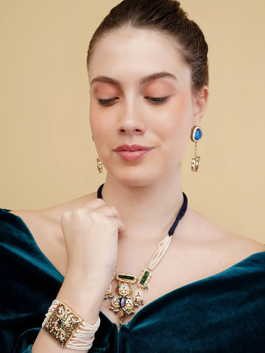 Peacock inspired Jadau bracelet with Pearl Layers