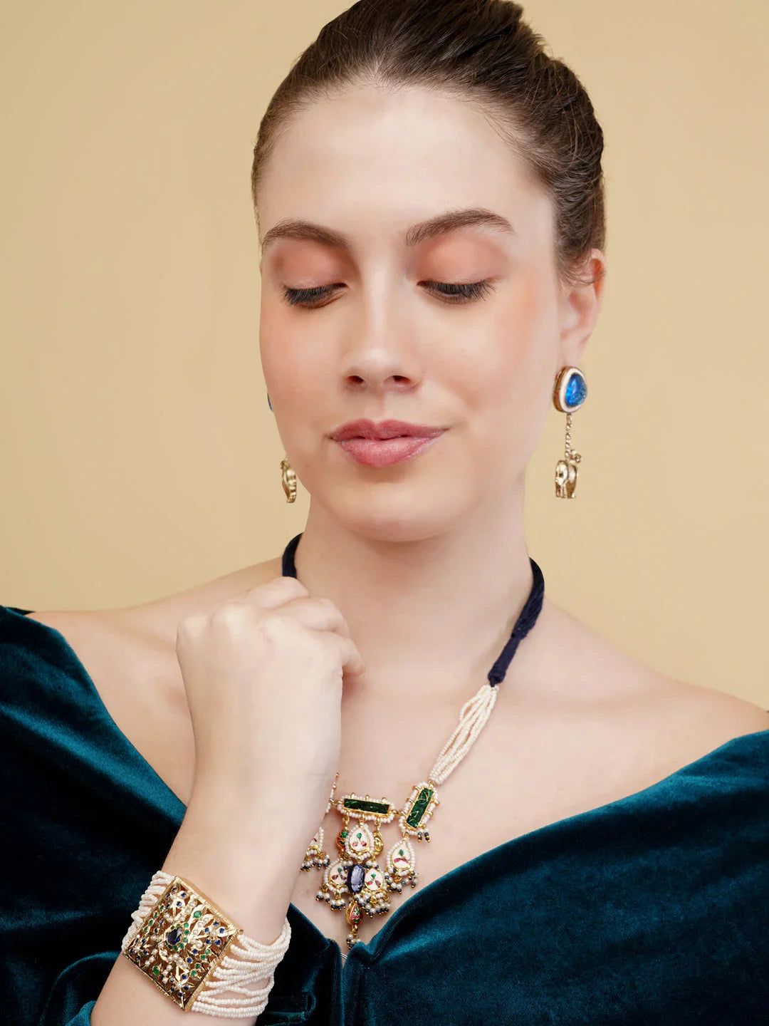 Blue and White Peacock inspired Jadau bracelet with Pearl Layers from Dugristyle Ruhaniyat By Dugran