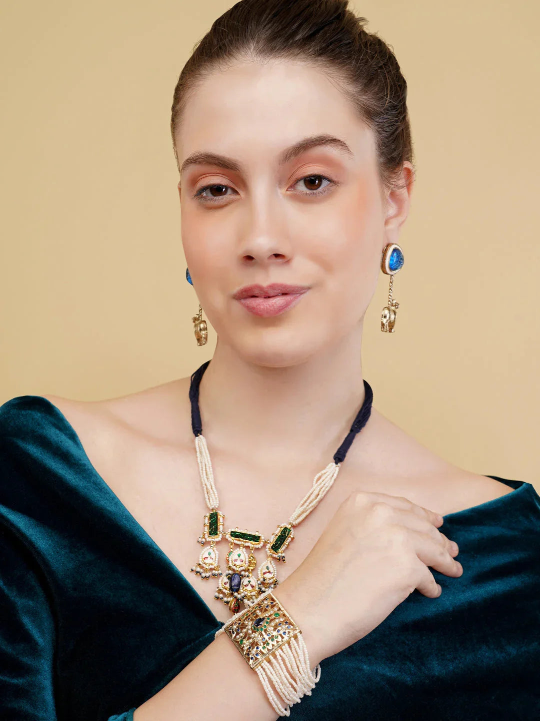 Blue and White Peacock inspired Jadau bracelet with Pearl Layers from Dugristyle Ruhaniyat By Dugran