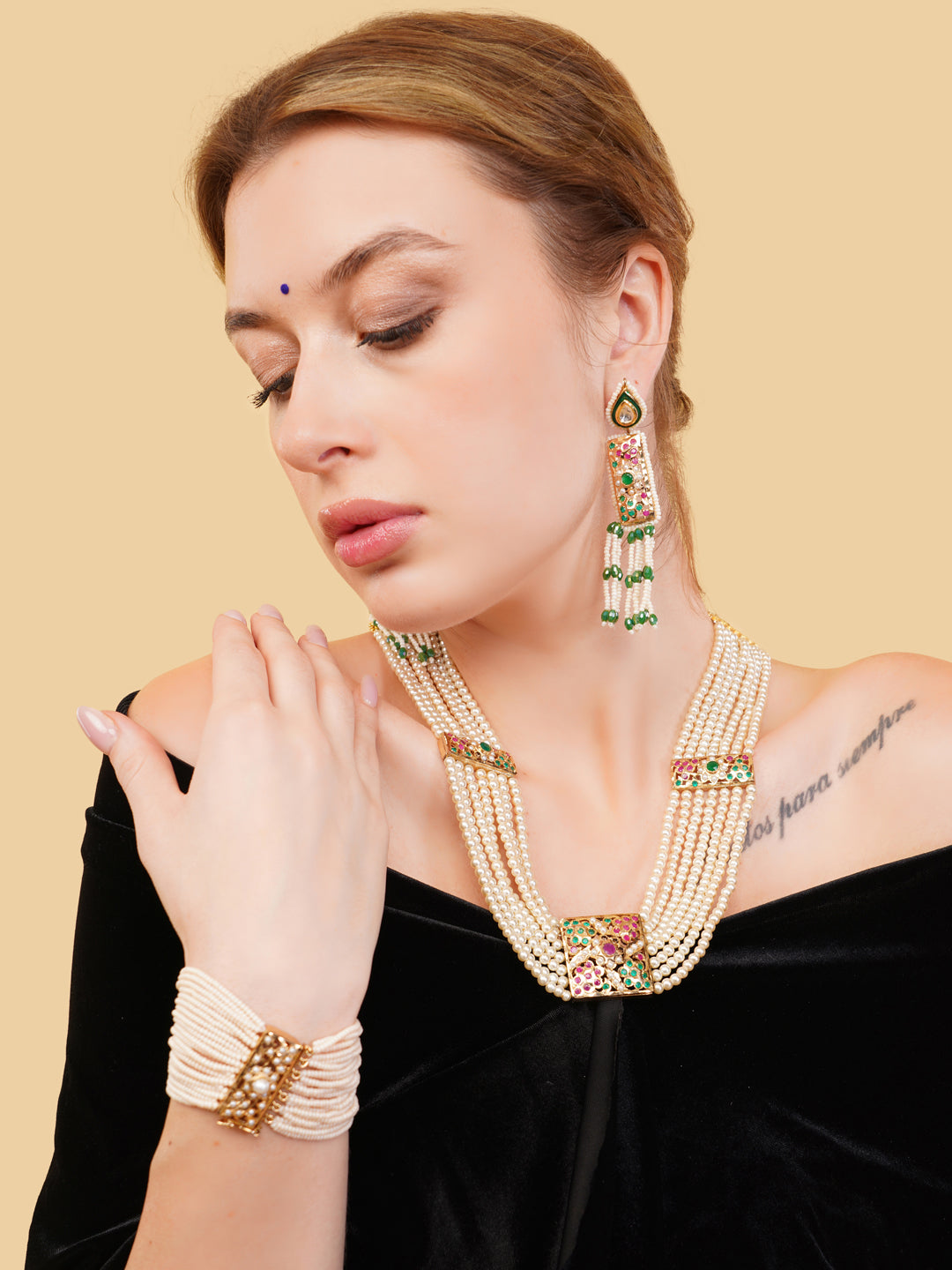Gold and White Single Color moti Jadau bracelet with Pearl Layers from Dugristyle Ruhaniyat By Dugran