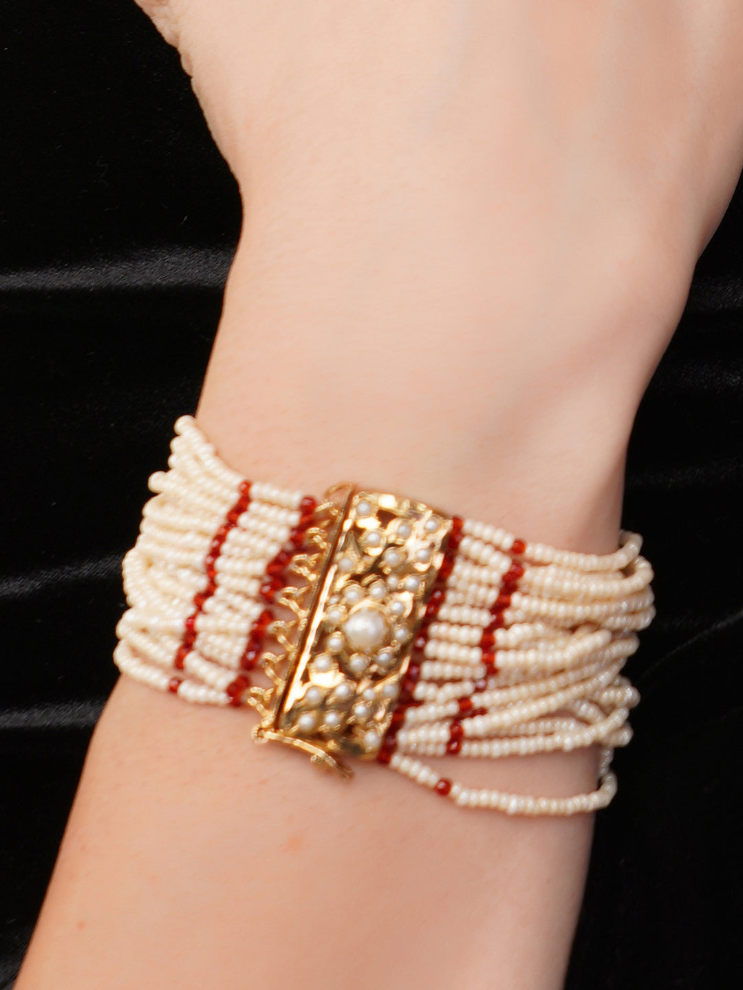 Red and Cream Jadau bracelet with Pearl Layers and Touch of Faux Ruby from Dugristyle Ruhaniyat By Dugran