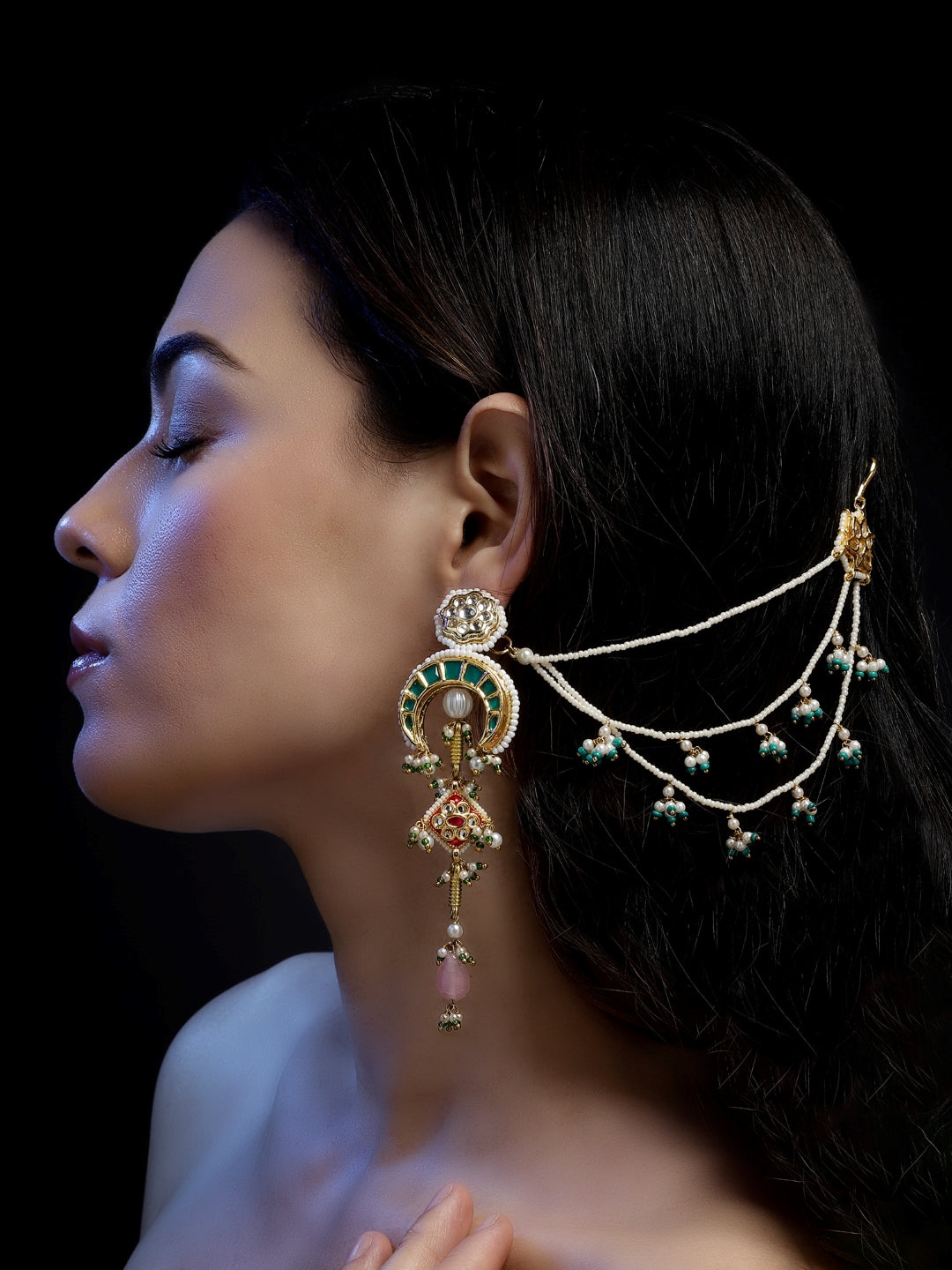 Blue and Gold Kundan Kanchain with Multilayer Pearl Strings from Dugristyle Ruhaniyat By Dugran
