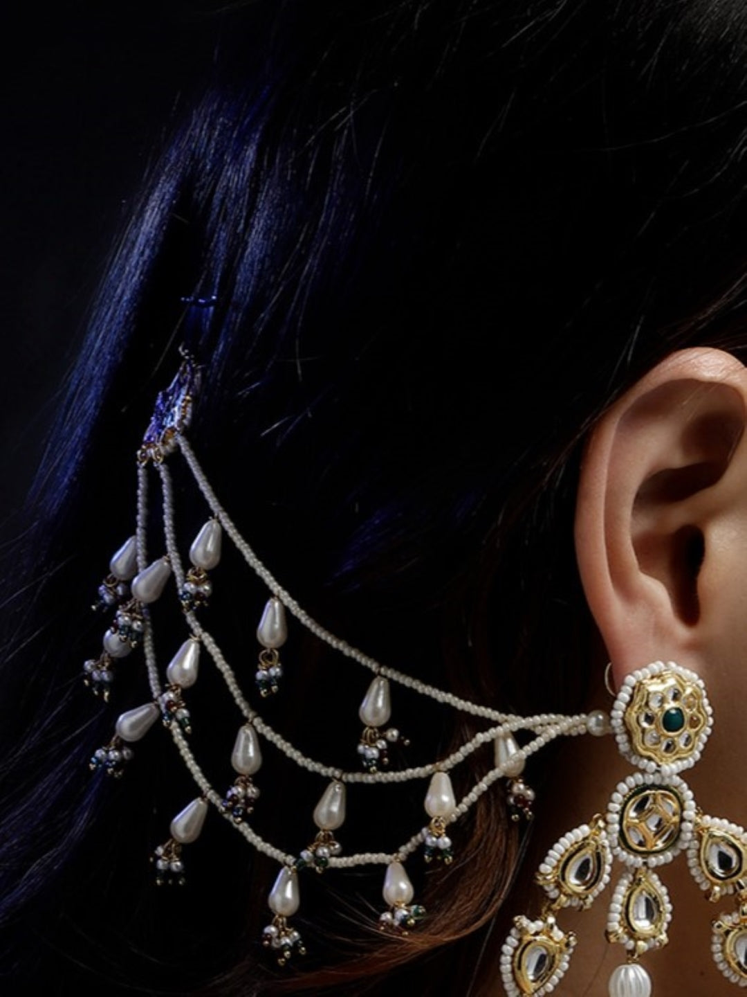 Red and Green Kundan Kanchain with Multilayer Pearl Strings from Dugristyle Ruhaniyat By Dugran