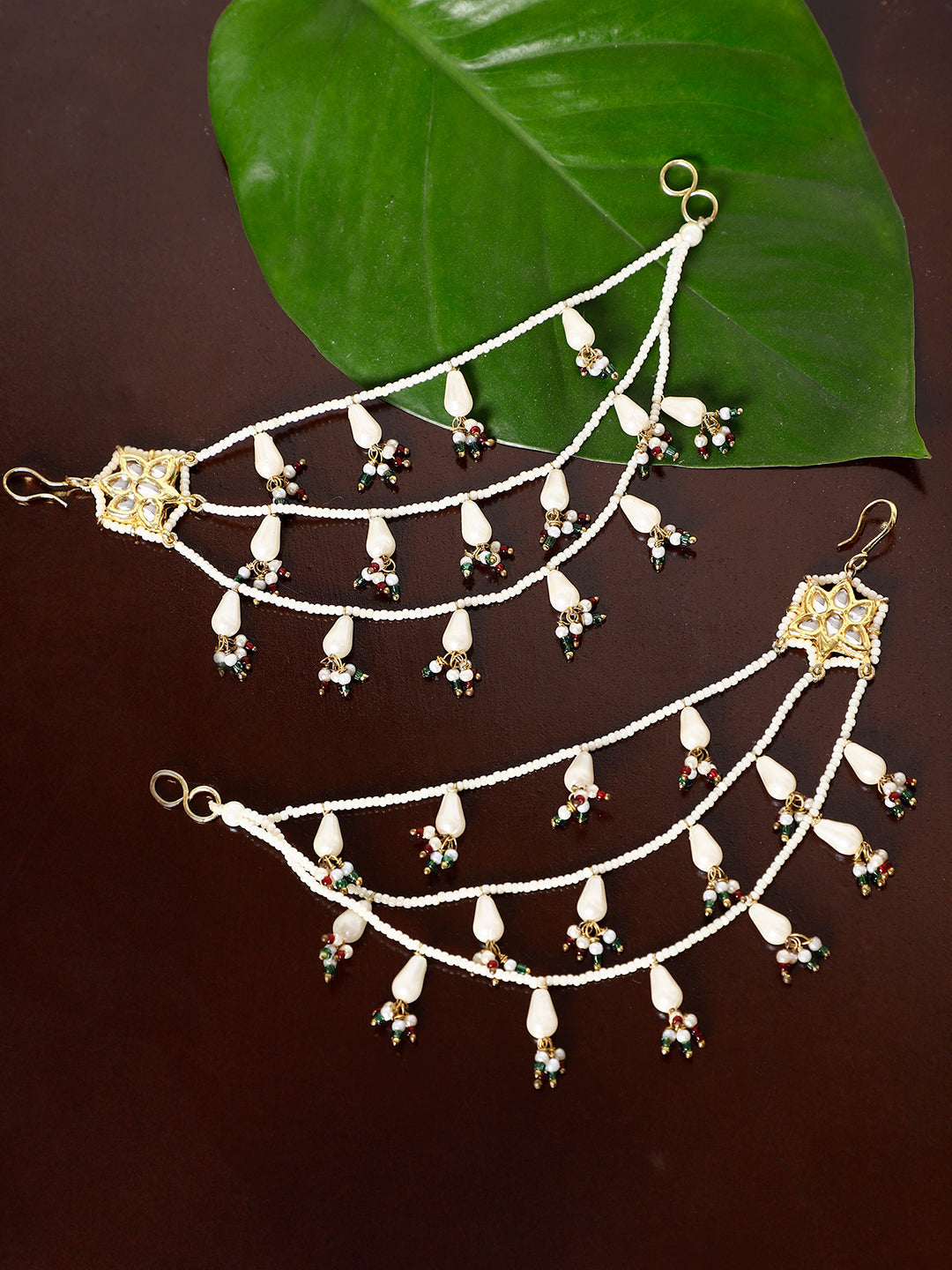 Red and Green Kundan Kanchain with Multilayer Pearl Strings from Dugristyle Ruhaniyat By Dugran