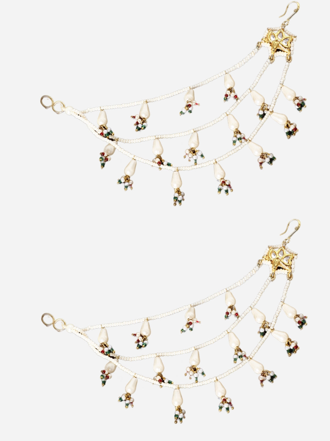 Red and Green Kundan Kanchain with Multilayer Pearl Strings from Dugristyle Ruhaniyat By Dugran