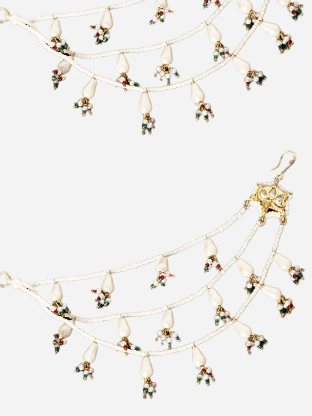 Red and Green Kundan Kanchain with Multilayer Pearl Strings from Dugristyle Ruhaniyat By Dugran