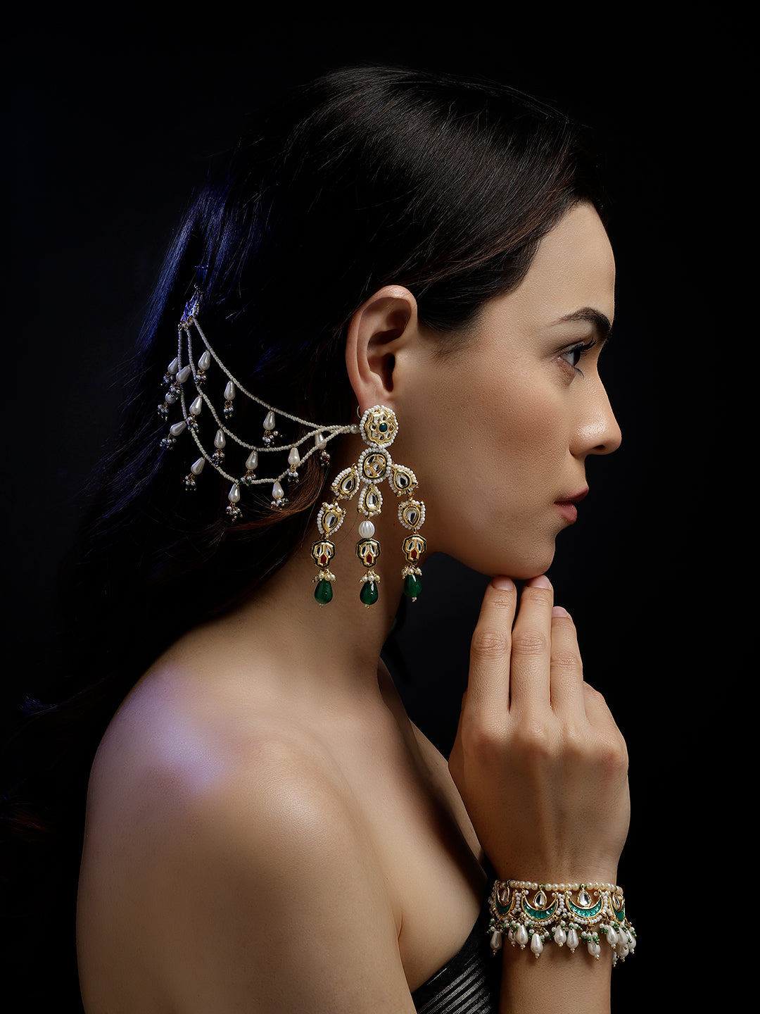 Red and Green Kundan Kanchain with Multilayer Pearl Strings from Dugristyle Ruhaniyat By Dugran