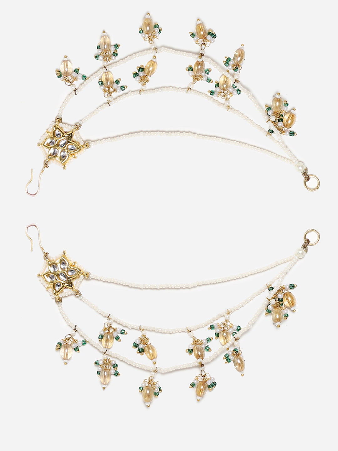 Peach and Green Kundan Kanchain with Multilayer Pearl Strings from Dugristyle Ruhaniyat By Dugran
