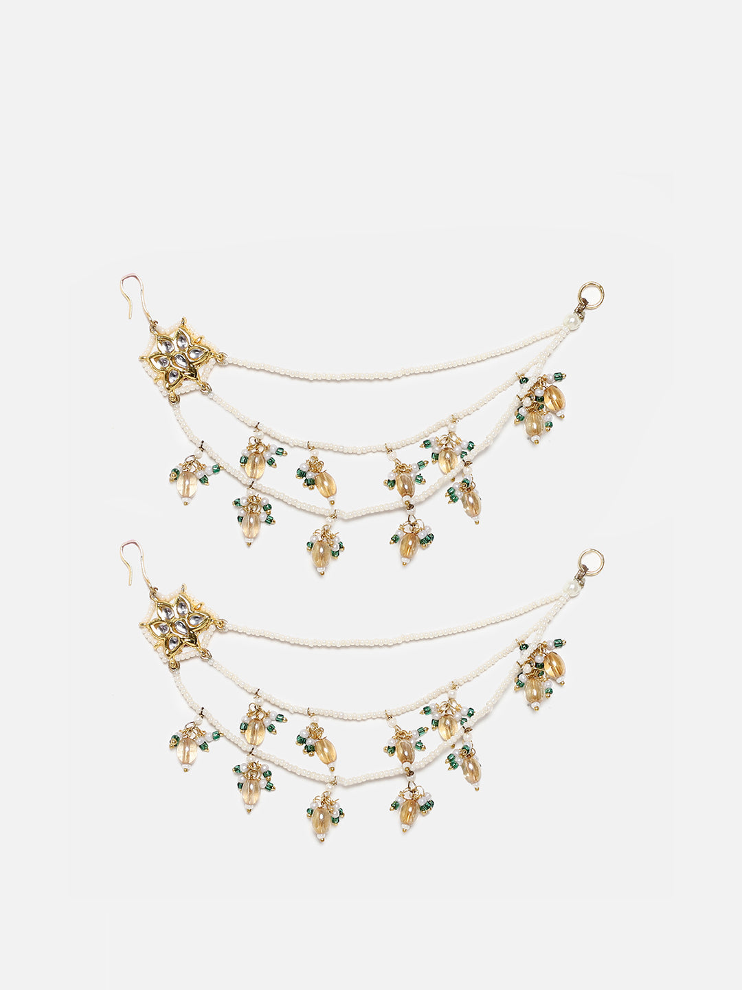 Peach and Green Kundan Kanchain with Multilayer Pearl Strings from Dugristyle Ruhaniyat By Dugran