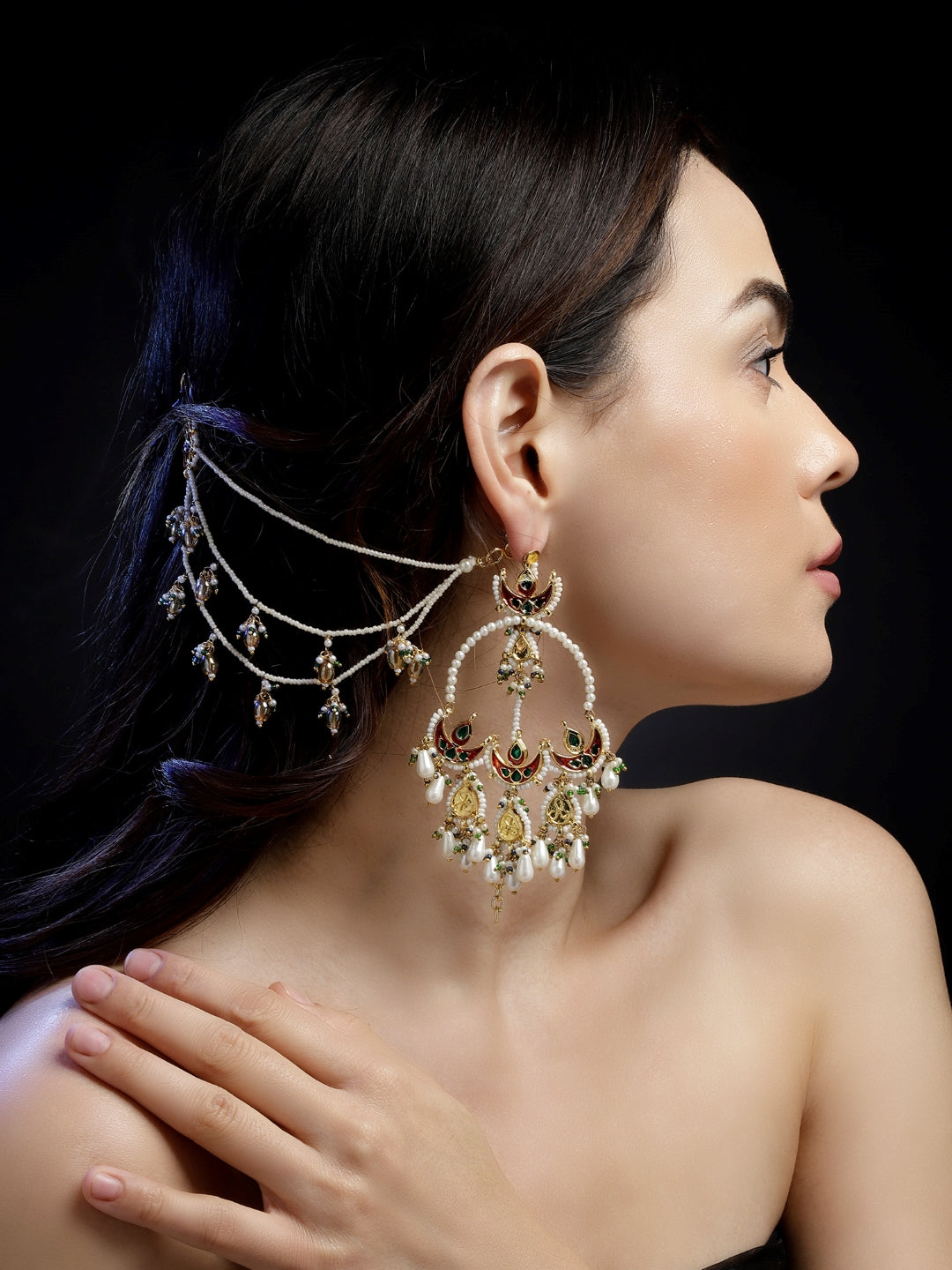 Peach and Green Kundan Kanchain with Multilayer Pearl Strings from Dugristyle Ruhaniyat By Dugran
