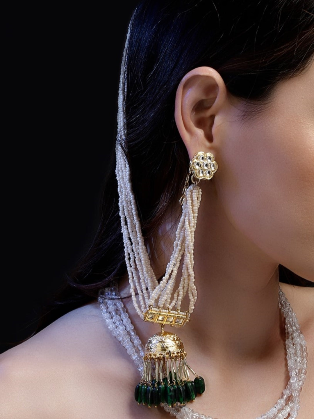 Green and Gold Kundan Kanchain with Multilayer Pearl Strings and Brass Jhumki from Dugristyle Ruhaniyat By Dugran