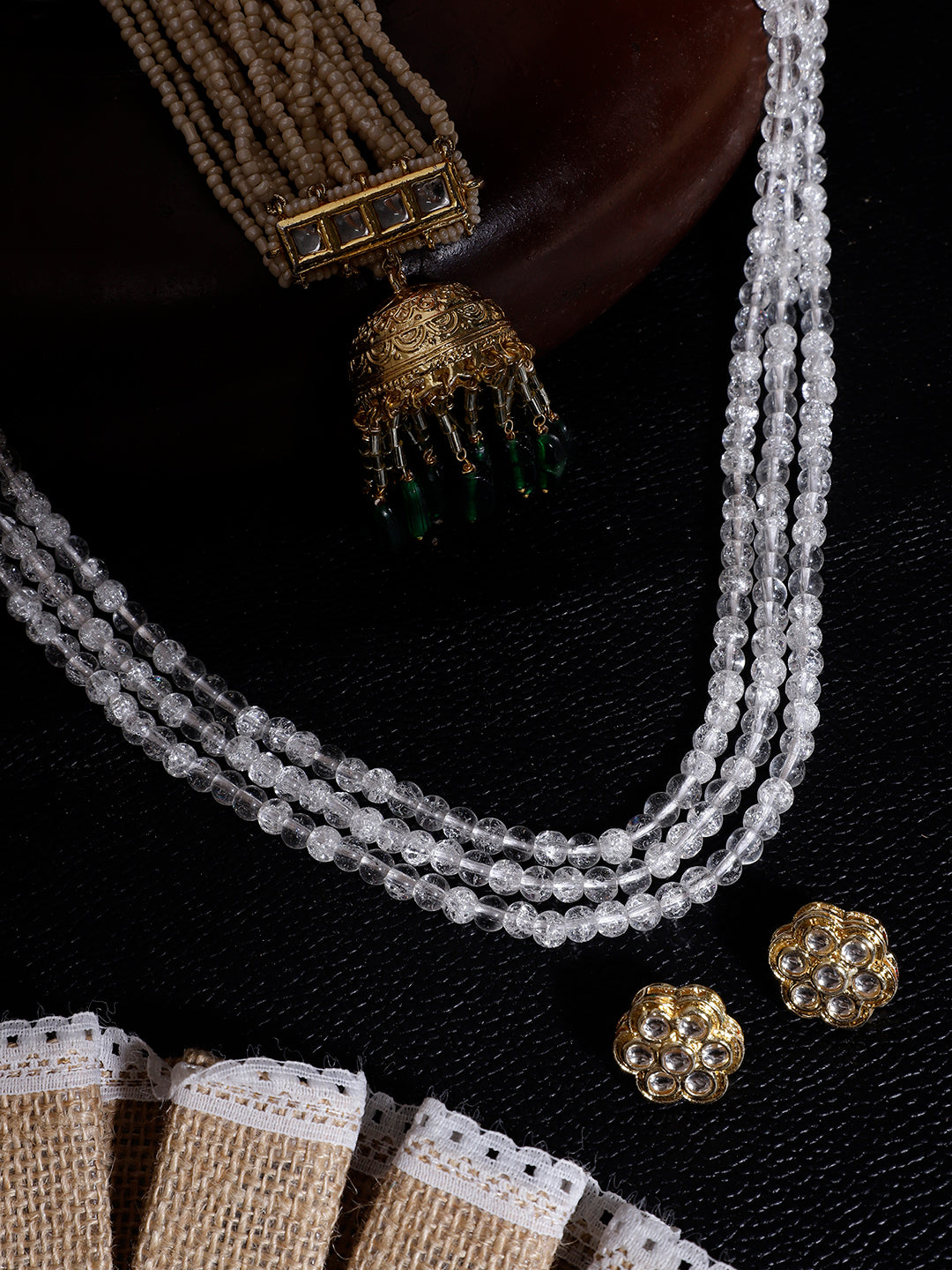 Green and Gold Kundan Kanchain with Multilayer Pearl Strings and Brass Jhumki from Dugristyle Ruhaniyat By Dugran