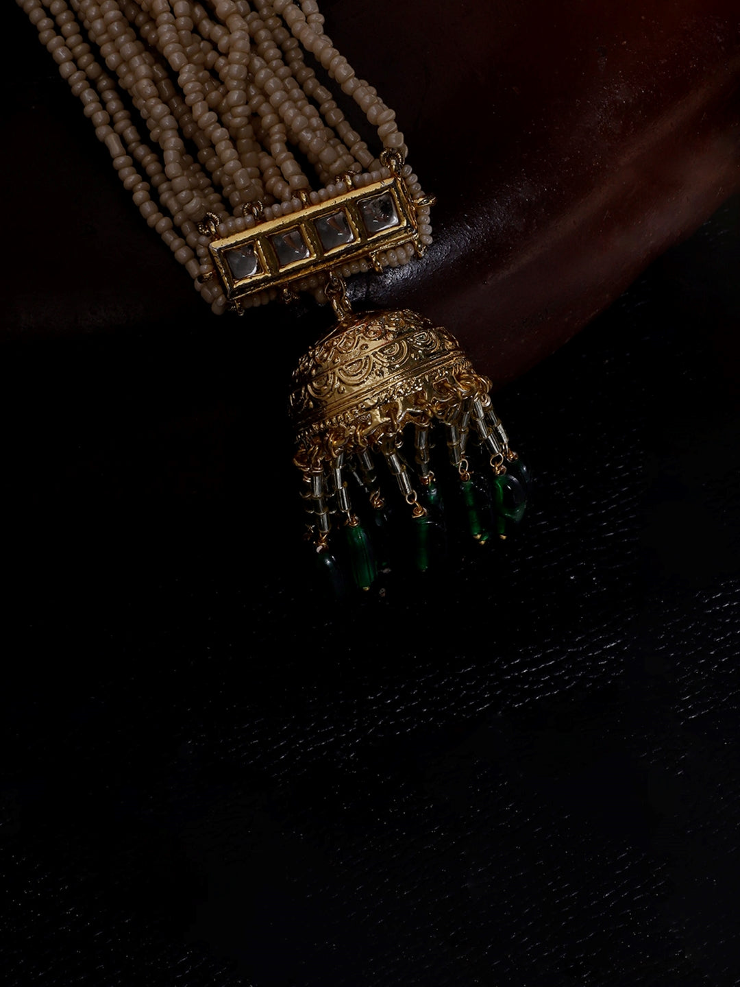 Green and Gold Kundan Kanchain with Multilayer Pearl Strings and Brass Jhumki from Dugristyle Ruhaniyat By Dugran