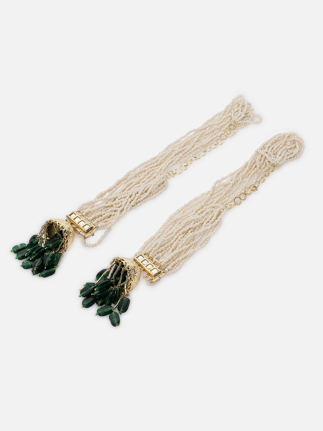 Green and Gold Kundan Kanchain with Multilayer Pearl Strings and Brass Jhumki from Dugristyle Ruhaniyat By Dugran