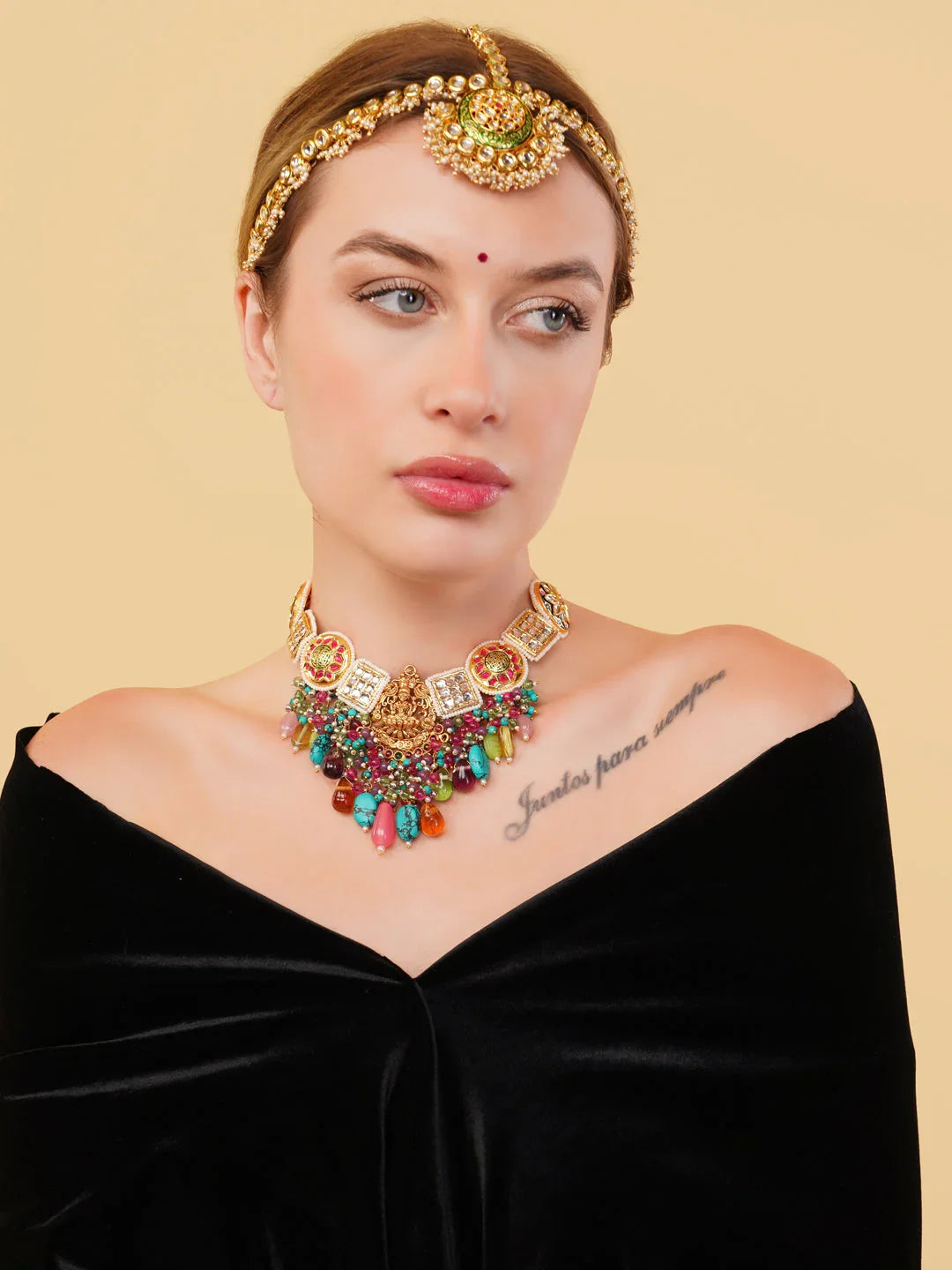 Gold and Green Kundan Matha Patti with Meenakari Touch from Dugristyle Ruhaniyat By Dugran