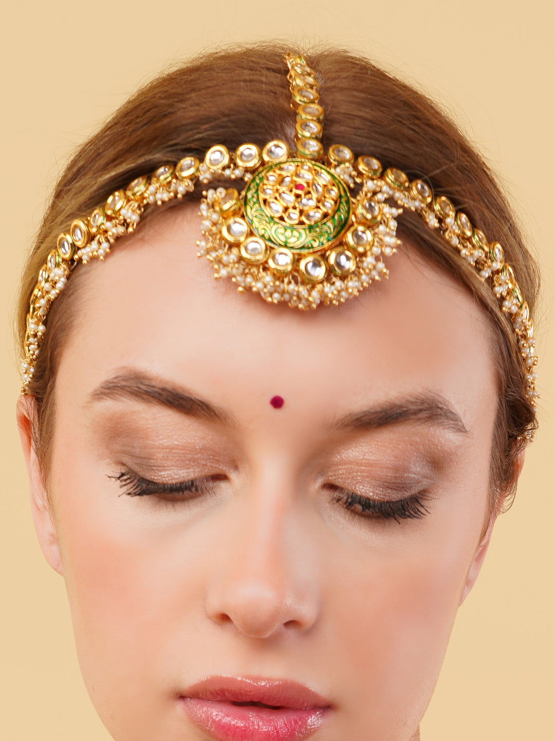 Gold and Green Kundan Matha Patti with Meenakari Touch from Dugristyle Ruhaniyat By Dugran