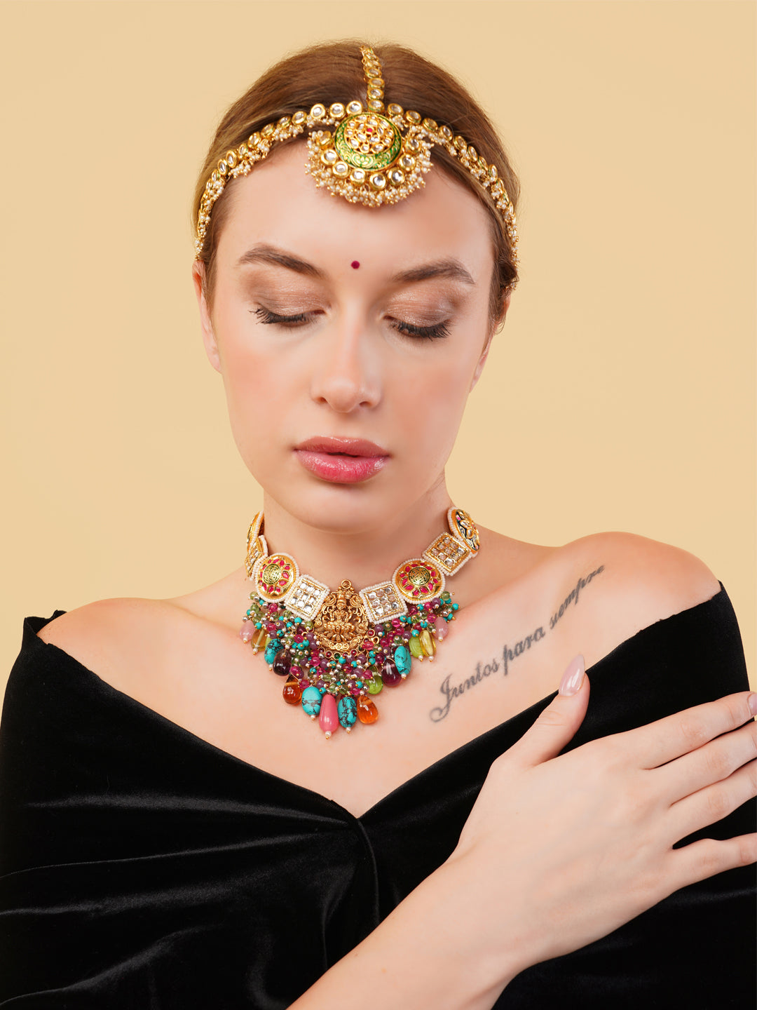 Gold and Green Kundan Matha Patti with Meenakari Touch from Dugristyle Ruhaniyat By Dugran