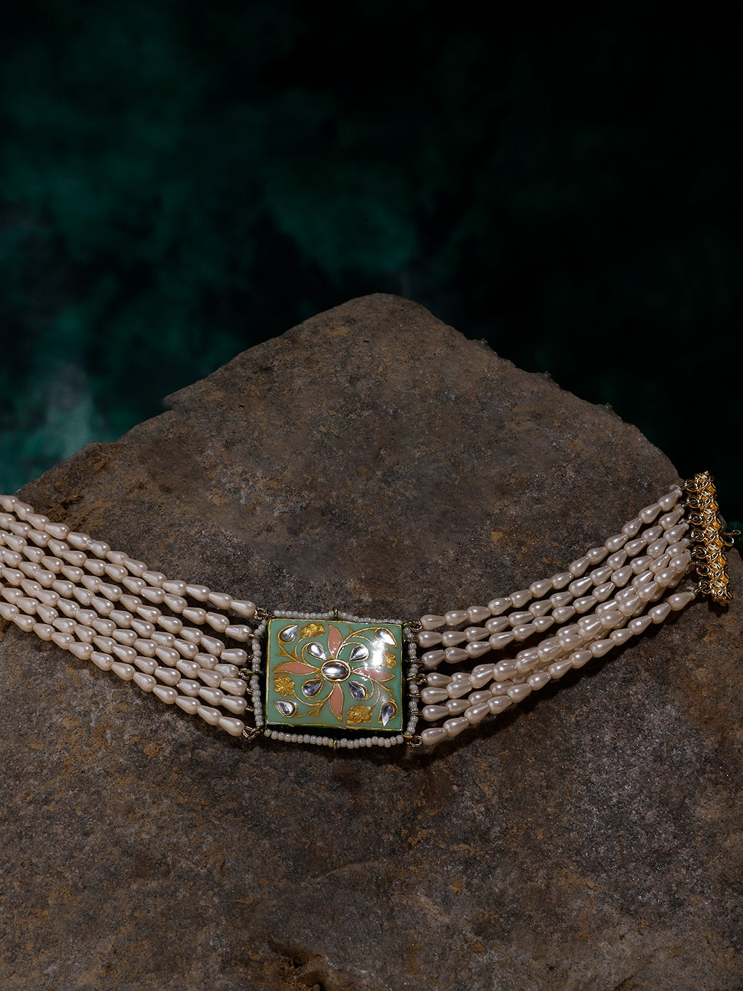 Green and Perach Meenakari Necklace with Pearls String and Adjustable Dori from Dugristyle Ruhaniyat By Dugran