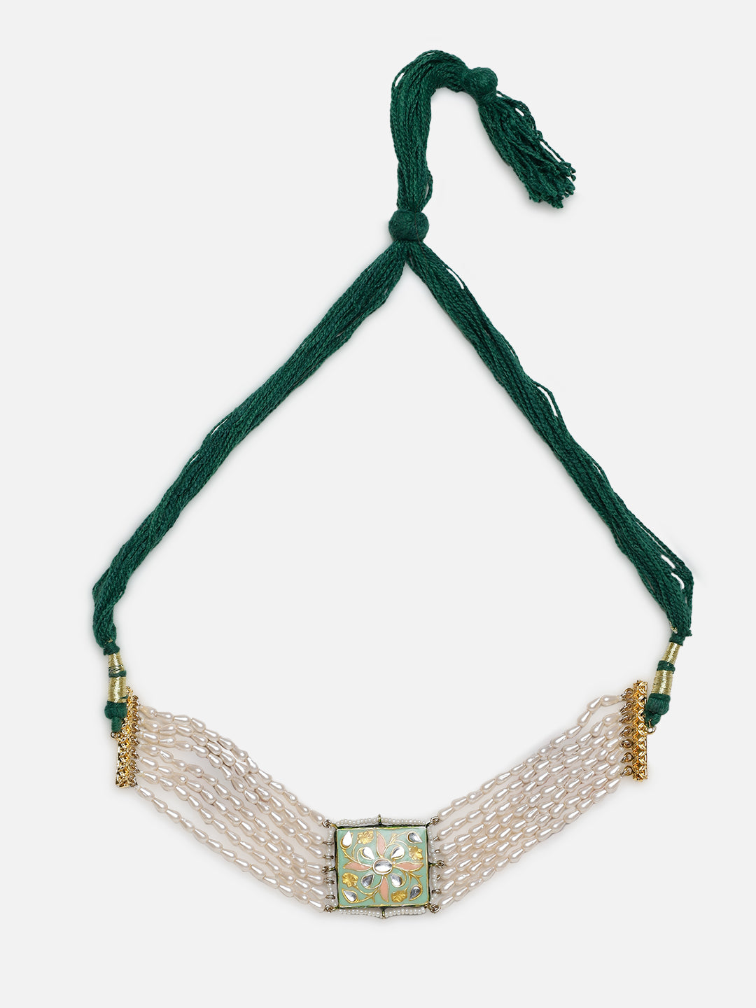 Green and Perach Meenakari Necklace with Pearls String and Adjustable Dori from Dugristyle Ruhaniyat By Dugran